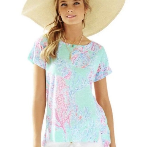 Lilly Pulitzer Top Size XS Mikela Minty Fresh Fansea Print 100% Linen Excellent - Picture 6 of 9